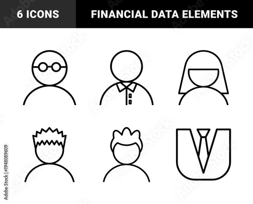 Business and finance icon set. Vector pictograms of calculator, briefcase, chart, lightbulb, handshake, megaphone, magnifying glass and piggy bank, thin outline illustration.