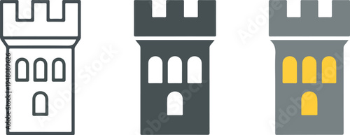 Castle tower vector icon set featuring minimalist outline solid silhouette and colored fortress design isolated on grey background.