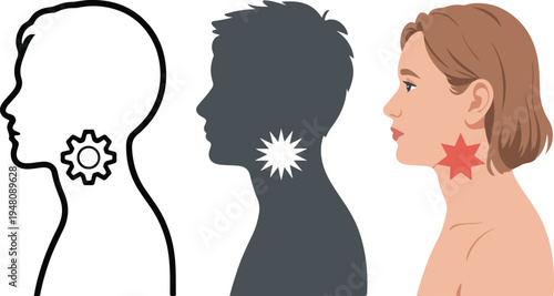 Minimalist thin line vector illustration of human profile showing throat pain area with spark symbol and anatomical neck.