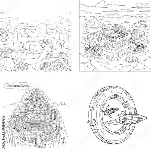 Sci-fi fantasy worlds: mountain cities, space gate, terraced settlements coloring pages