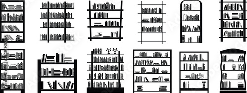 Various bookcases with books and decorative shelves furniture interior 1