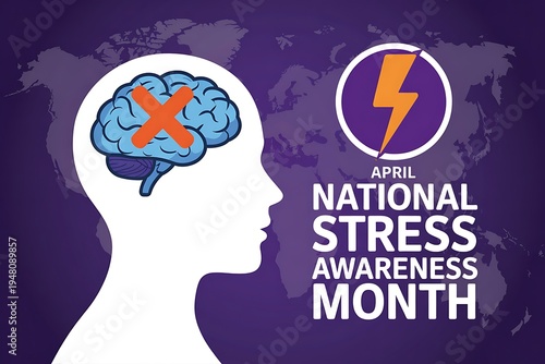 Wallpaper Mural April national stress awareness month graphic with brain and lightning bolt symbol on world map background, abstract concept Torontodigital.ca