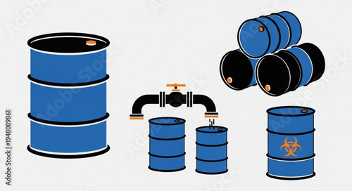 Illustration of Blue Barrels and a Pipe System for Liquid Transfer.