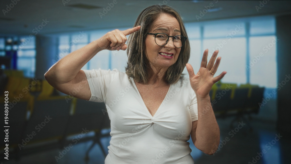 Fototapeta premium Hispanic senior woman points finger to temple with open palm raised amid airport departure seating; thoughtful concern.