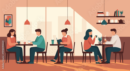 People Sitting at Tables in Cafe.