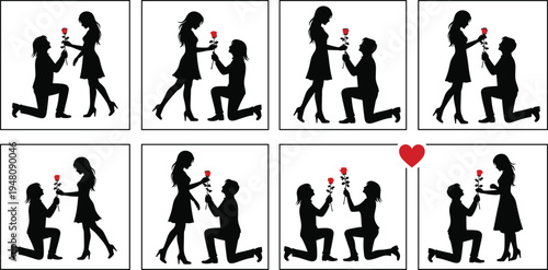 Romantic silhouette illustration, man proposing with rose, love gesture, couple relationship, red heart symbol, affection, romance, proposal, passion, art