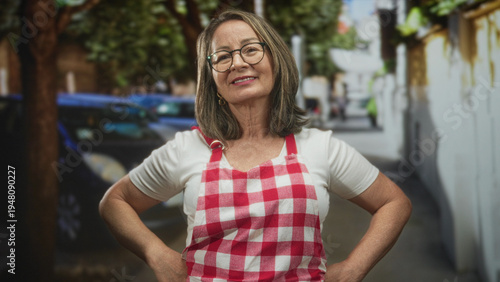 Obraz na plátne Hispanic woman cook in red checkered apron smiles with bare hands on hips on street lined with parked cars and trees, wearing glasses and white tshirt; pride warmth