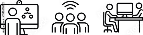 Video conference and remote work icon set featuring online meeting digital collaboration and professional telecommuting symbols for business communication.