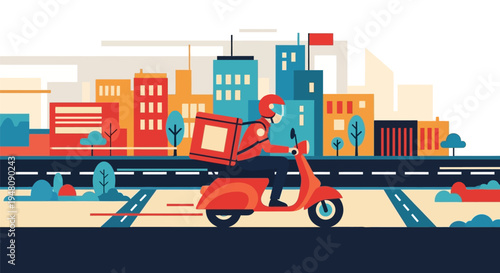 Red Scooter with Delivery Box on Road.