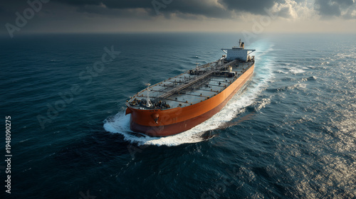 massive crude oil tanker ship sailing across calm open ocean, aerial view of large industrial cargo ship transporting petroleum, global maritime logistics and energy supply chain vessel at sea