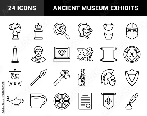History and museum line icon set. Vector pictograms of knight helmet, armor, statue, pottery, scroll, coin, and ancient tools, black outline illustration.