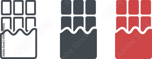 Minimalist chocolate bar vector icons set with bitten wrapper detail in outline solid and red flat graphic styles.