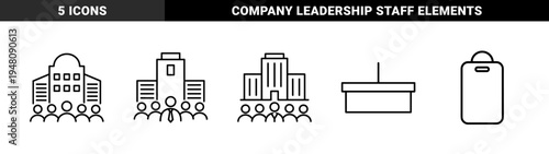 Corporate business and administration icon set. Vector pictograms of office buildings, company staff, leadership, podium, and name tag, thin outline illustration.