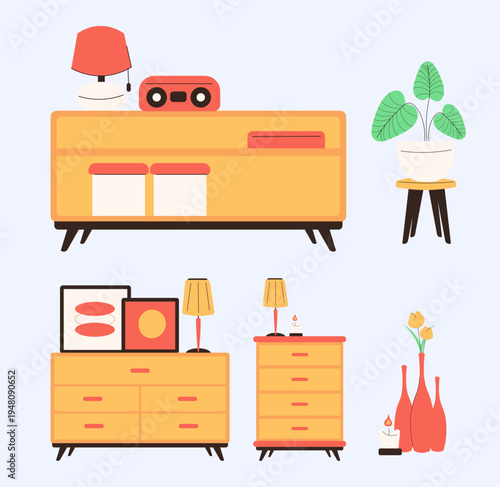 Set of Modern Home Furniture and Decor Objects
