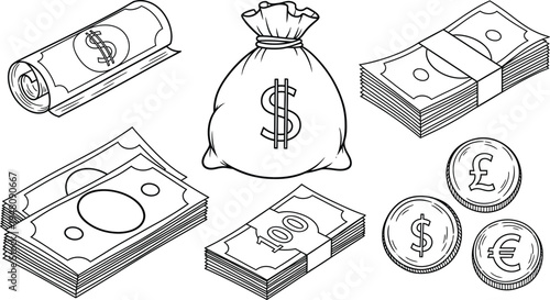 Currency cash and coins illustration set