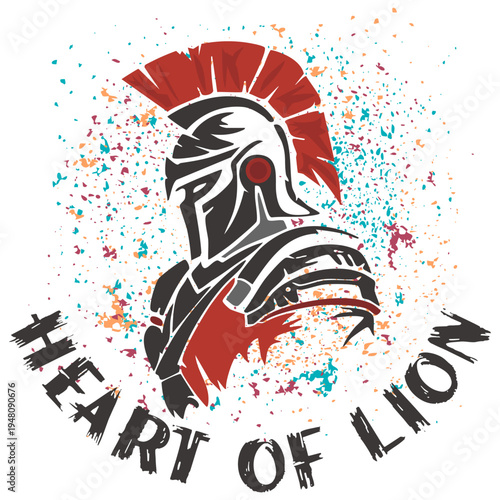 Powerful illustration of a Spartan warrior with a red plume and Heart of Lion text. Strong design representing courage, bravery, and ancient spirit for t-shirt prints and masculine street wear.
