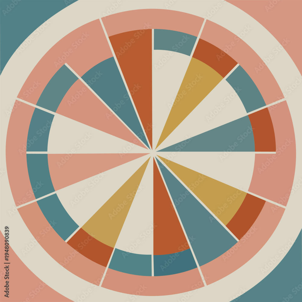 Obraz premium Abstract geometric circular pattern with radial segments in pastel colors. Modern retro-inspired design featuring symmetrical shapes, soft tones, and clean lines