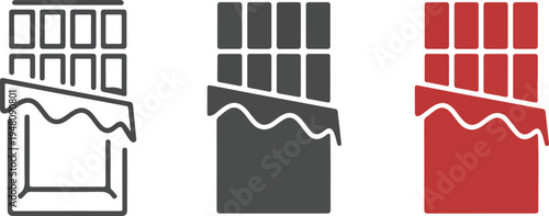 Minimalist chocolate bar vector icons set with bitten wrapper detail in outline solid and red flat graphic styles.