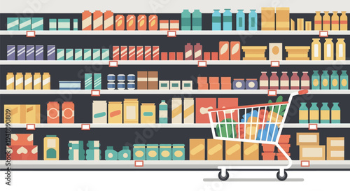 Shopping Cart in Front of Grocery Shelves.