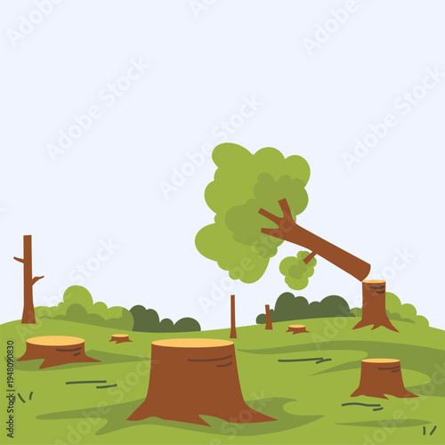 Deforestation and Felled Trees on Green Landscape