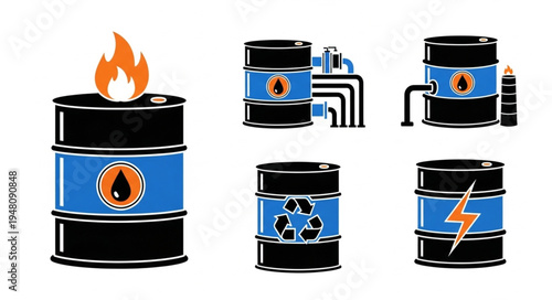 Oil Barrel Icons - Energy Industry and Environmental Concepts.