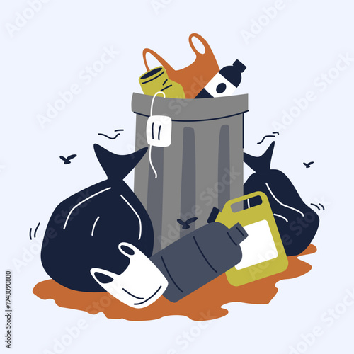Overflowing Trash Bin with Garbage Bags and Litter