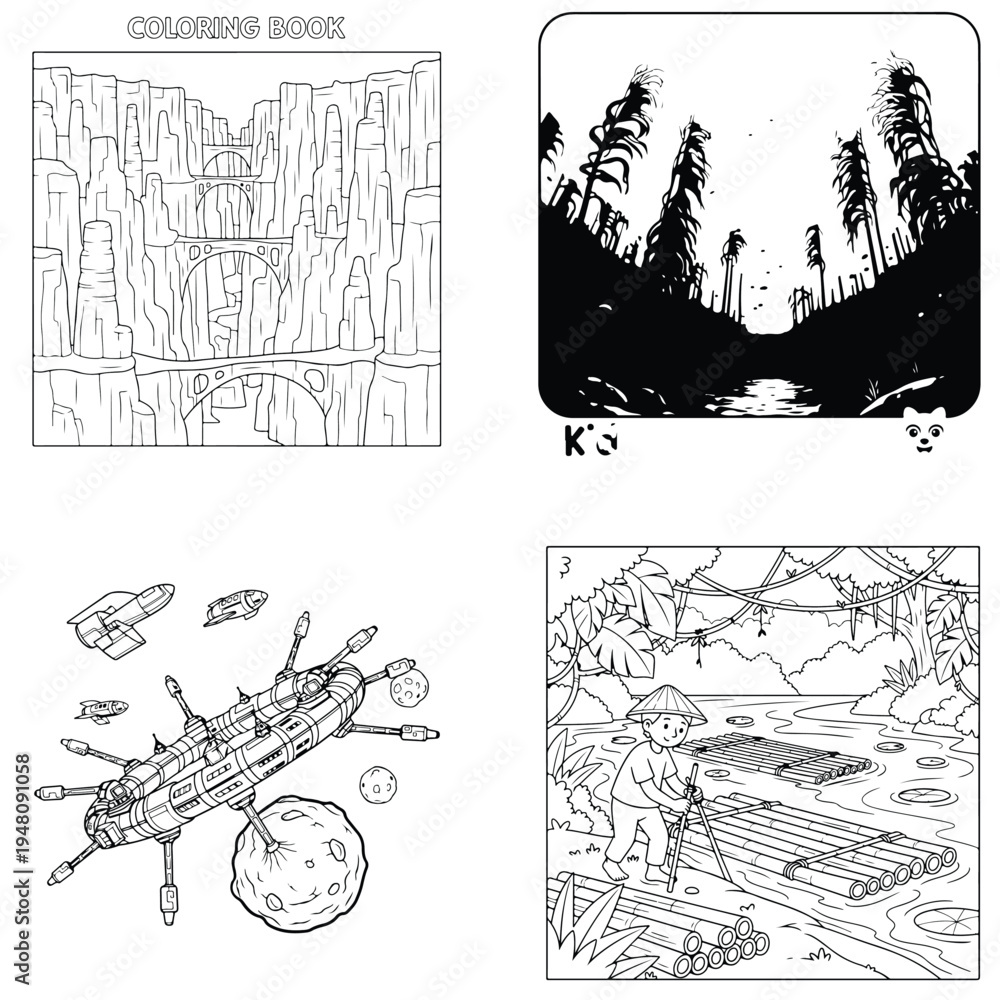 Obraz premium Diverse world coloring pages: canyon, dark forest, spaceship, and asian village scene line art