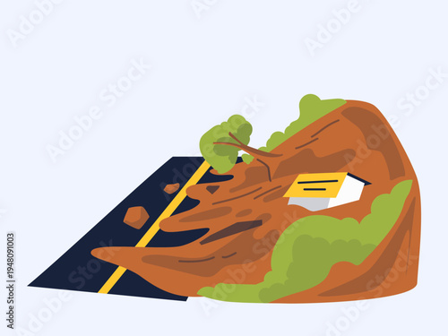 Landslide Disaster With Collapsed Road and Damaged House