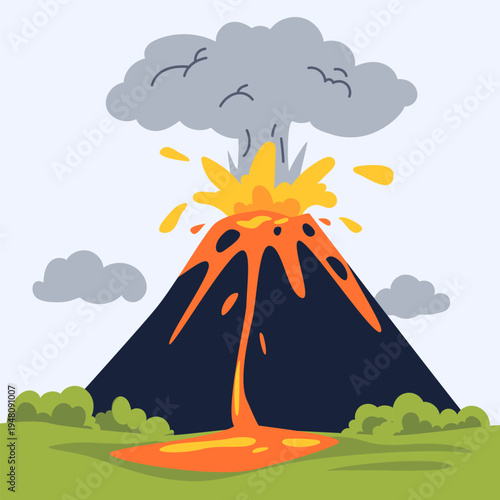 Volcanic Eruption with Lava Flow and Smoke Cloud