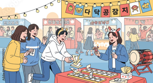 People enjoying a vibrant outdoor Korean street market festival with games and food stalls