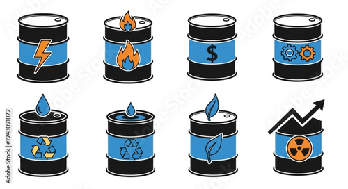 Diverse Oil Barrel Icons Representing Energy and Resources.