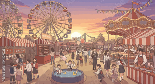 Amusement Park Scene at Sunset with Ferris Wheel and Carousel