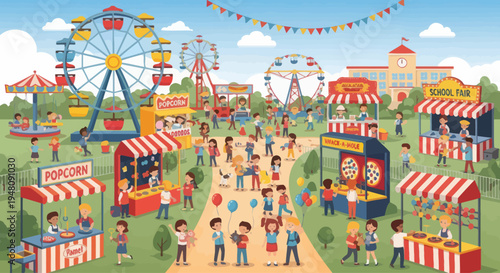 Vibrant School Fair with Rides, Games, and Happy People - Summer Fun Illustration
