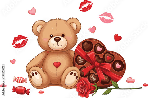 Cute teddy bear with heart shaped chocolate box red rose and lipstick kiss marks romantic valentines day vector illustration for love greeting cards celebration and dating gift concepts.