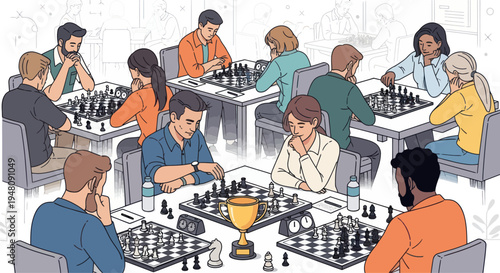 Diverse group of people playing chess in a tournament, focused on strategy and competition.