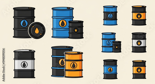 Collection of Colorful Oil Barrels with Drop Symbols.