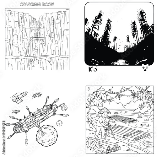 Diverse world coloring pages: canyon, dark forest, spaceship, and asian village scene line art