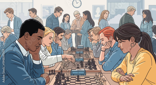 Diverse group of people playing chess in a bright, modern room
