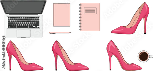 Modern workspace vector set featuring pink high heel stiletto shoes laptop computer notebook pen and coffee cup for fashion bloggers business women and creative office desk flat lay design.