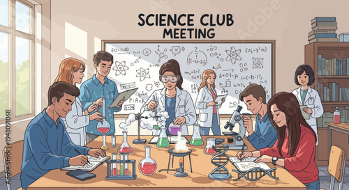 Diverse Students in Science Club Meeting Experimenting in Classroom