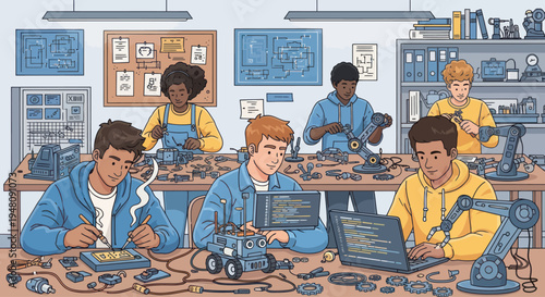 Diverse students building robots and coding in a STEM workshop, learning engineering and technology