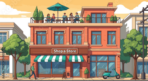 Animated city street scene with shop and rooftop terrace