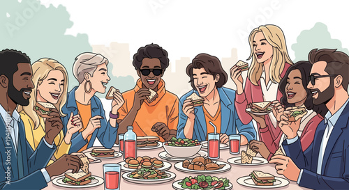 Diverse group enjoying a picnic lunch outdoors, sharing food and laughter