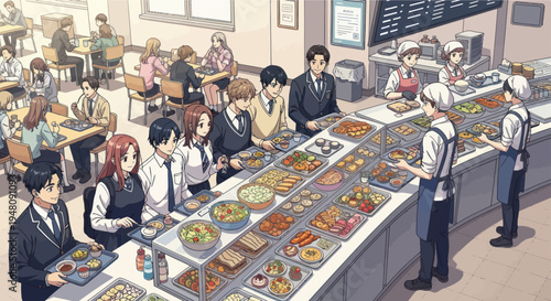 Anime School Cafeteria Scene: Students Queue for Lunch Buffet, Diverse Food Options