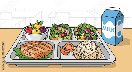Healthy School Lunch Tray with Grilled Salmon, Rice, Salad, Fruit, and Milk