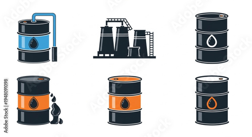 Oil Industry Icons - Barrels and Refinery Plant Illustrations.