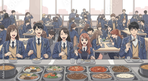 Diverse students enjoy lunch in a bustling school cafeteria, a vibrant scene of education and community.