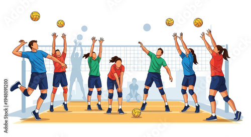 Volleyball Game Action: Diverse Players Competing on Court with Net and Balls