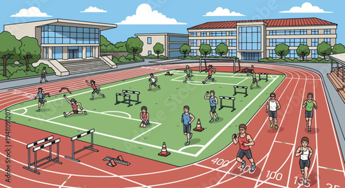 Athletes Training on Outdoor Track and Field Stadium with Modern Buildings