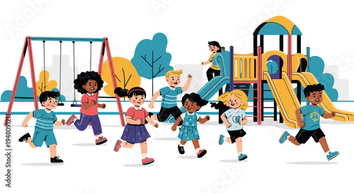 Diverse kids playing and running on a playground with slides and swings